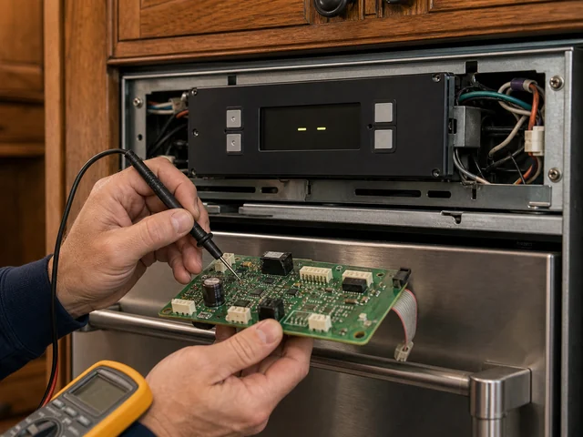 Sub-Zero 600 series over-under refrigerator showing the double-dash display fault in a Mandarin kitchen
